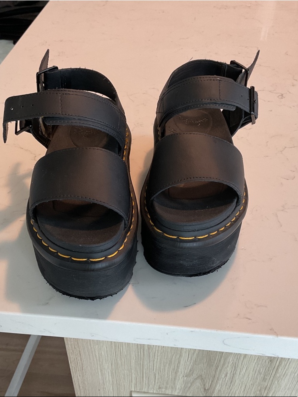 Dr. Martens Black Platform Buckle Sandals with Yellow Stitching
